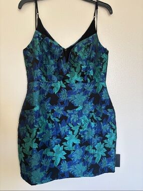 Lulu's Black Fitted Mini Dress Blue & Teal Floral Pattern